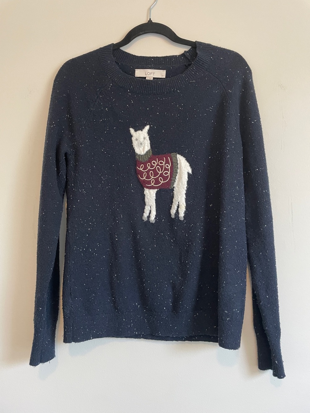 LOFT Navy Crewneck Sweater with Llama Applique